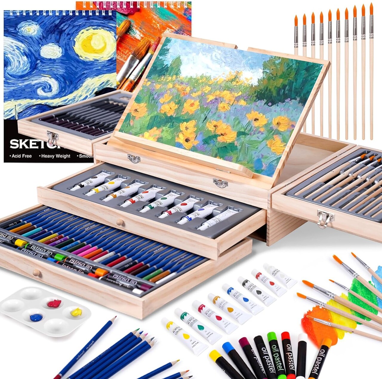 Painting and drawing set professionally, this 85-piece art set includes a built-in wooden easel, two drawing pads, and art supplies in a portable wooden case.